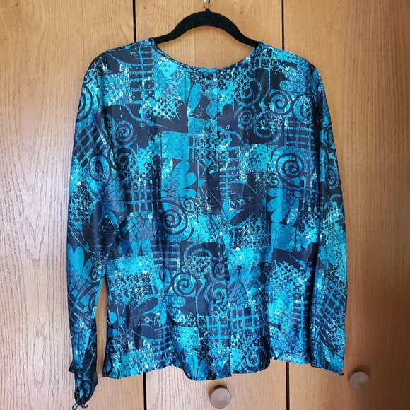 Tess Women's blouse buttons in back long sleeve Size 12 Aqua Blue& Black Beautif - Picture 10 of 10